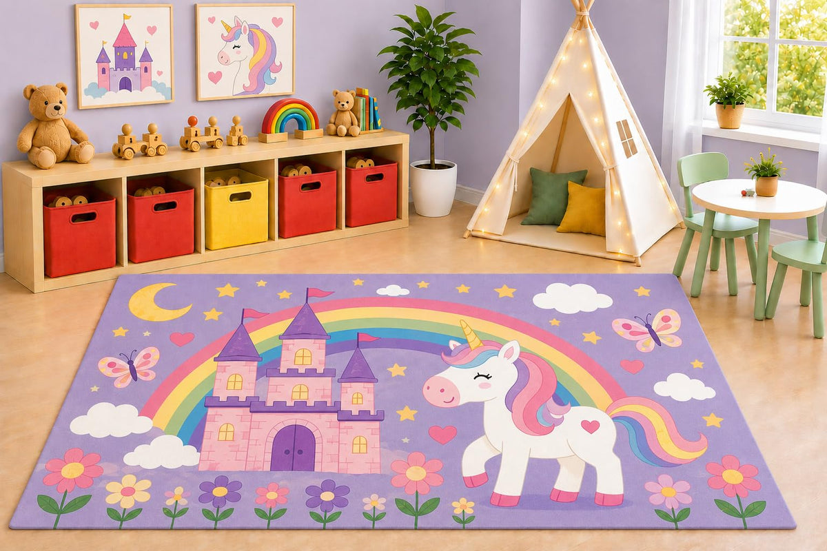 ICE ARMOR 5' x 7' Princess Castle Unicorn Area Rug, Pastel Rainbow Fantasy Kids Playroom Nursery Bedroom Decorative Rug, Non-Slip Silicone Backing Low Pile