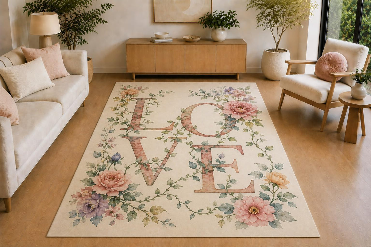 ICE ARMOR 5' x 7' Floral Vine Love Area Rug, Soft Low Pile Indoor Rug with Non-Slip Silicone Backing for Living Room, Bedroom, Office, Family Room, Cream Pink Green