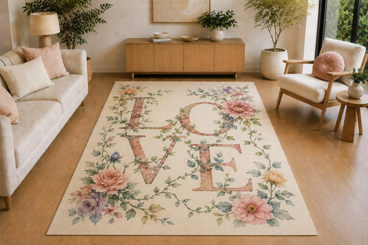 ICE ARMOR 5' x 7' Floral Vine Love Area Rug, Soft Low Pile Indoor Rug with Non-Slip Silicone Backing for Living Room, Bedroom, Office, Family Room, Cream Pink Green