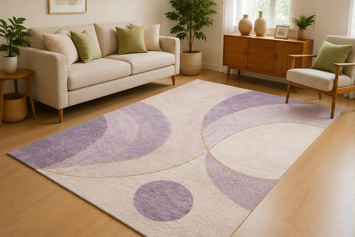 ICE ARMOR 5' x 7' Lavender Geometric Circle Area Rug for Living Room, Soft Low Pile Indoor Rug with Non-Slip Silicone Backing, Modern Carpet for Bedroom, Office, Family Room, Lavender Ivory