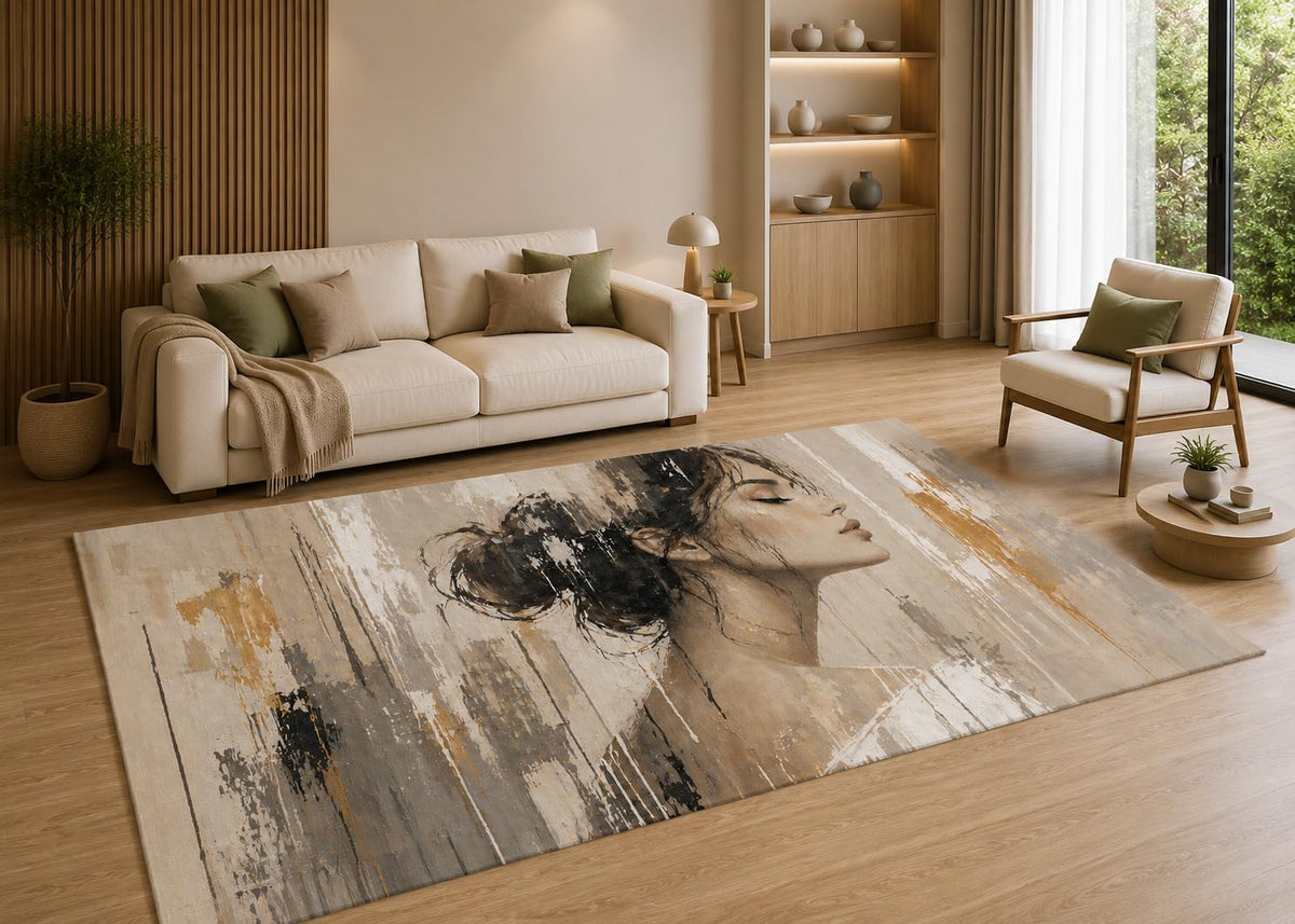 ICE ARMOR 5' x 7' Abstract Woman Portrait Area Rug with Non-Slip Silicone Backing Low Pile Soft Carpet for Living Room Bedroom Office Modern Figure Art Decor