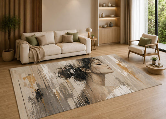 ICE ARMOR 5' x 7' Abstract Woman Portrait Area Rug with Non-Slip Silicone Backing Low Pile Soft Carpet for Living Room Bedroom Office Modern Figure Art Decor