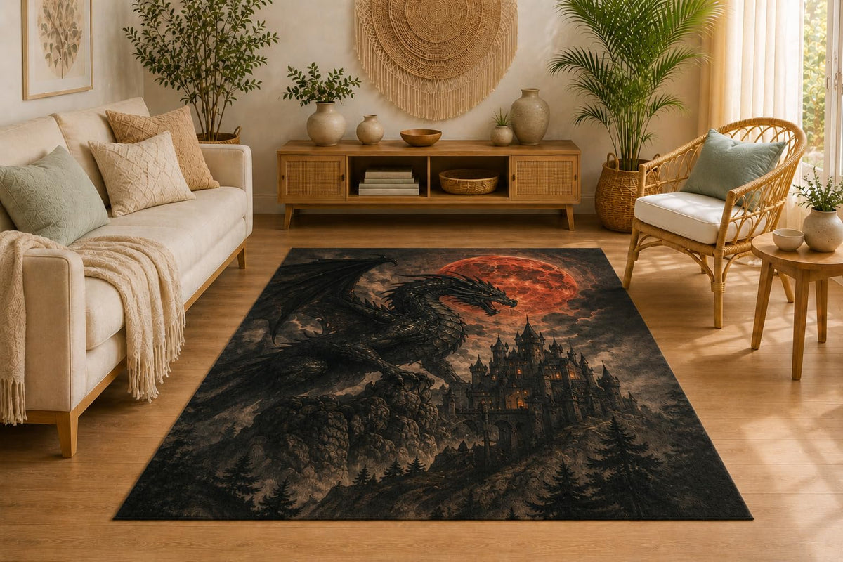 ICE ARMOR 5' x 7' Gothic Dragon Castle Area Rug, Fantasy Medieval Artwork, Soft Low Pile Rug with Non-Slip Silicone Backing for Living Room, Bedroom, Office