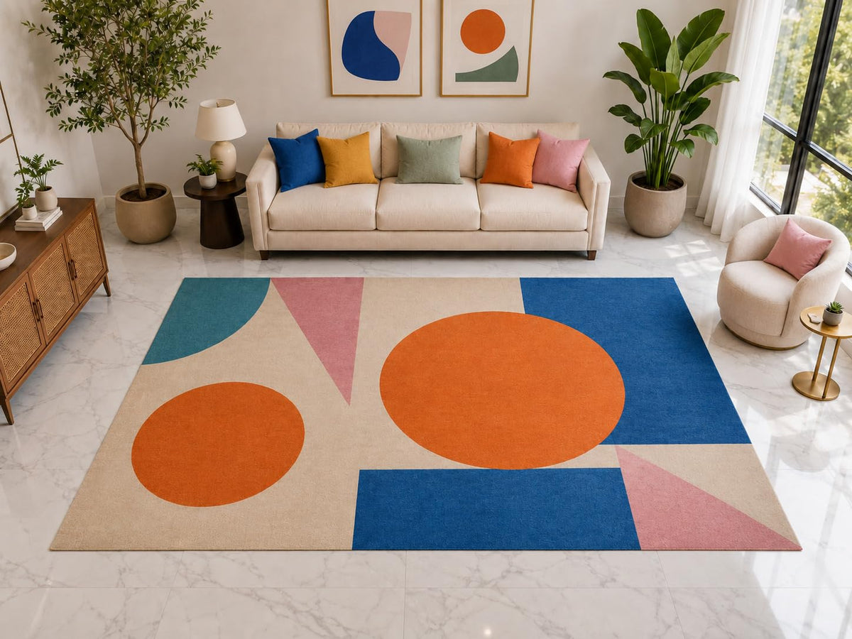 ICE ARMOR "Ultra Light Weight Large 6'7" x 9'10" Modern Circle Block Area Rug Carpet Soft Low Pile Indoor Rug and Non-Slip Silicone Backing Orange