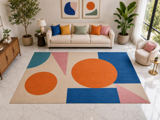 ICE ARMOR "Ultra Light Weight Large 6'7" x 9'10" Modern Circle Block Area Rug Carpet Soft Low Pile Indoor Rug and Non-Slip Silicone Backing Orange