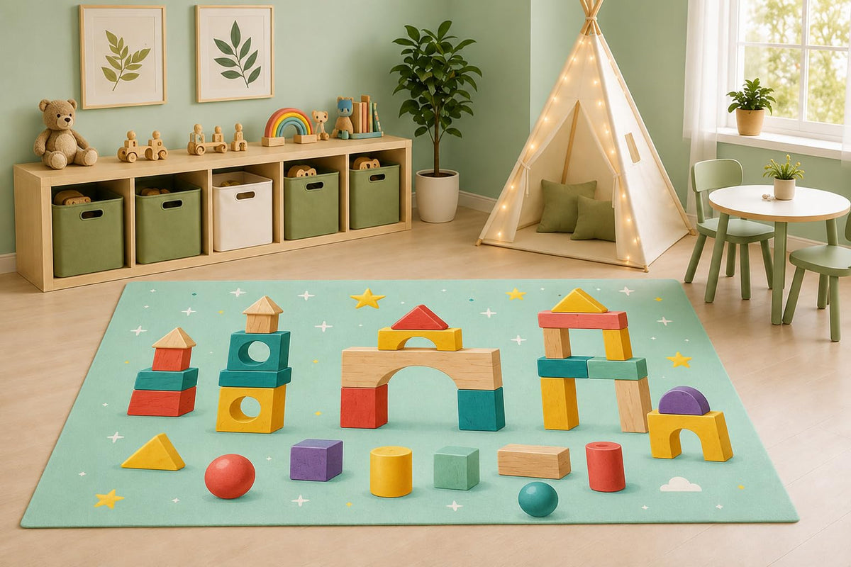 ICE ARMOR 5' x 7' Building Blocks Area Rug for Kids Playroom Nursery Bedroom, Educational Wooden Blocks Montessori Pastel Cartoon Learning Carpet, Non-Slip Silicone Backing Low Pile