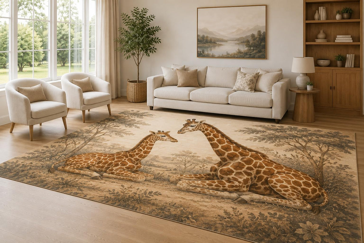 ICE ARMOR Large 6'7" x 9'10" Beige and Brown Giraffe Family Area Rug for Living Room, Soft Low Pile Carpet with Non-Slip Silicone Backing, Decor for Bedroom and Home Office