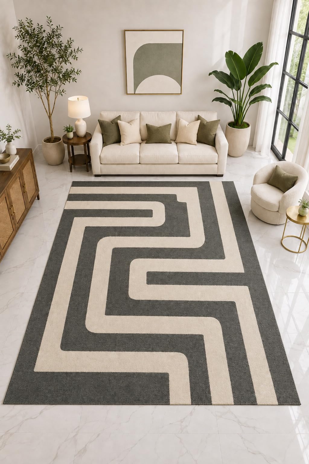 ICE ARMOR "Ultra Light Weight Large 6'7" x 9'10" Charcoal Maze Rug, Soft Low Pile Indoor Rug, Non-Slip Silicone Backing for Living Room Charcoal