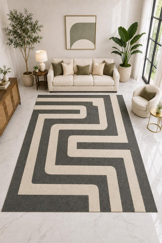 ICE ARMOR "Ultra Light Weight Large 6'7" x 9'10" Charcoal Maze Rug, Soft Low Pile Indoor Rug, Non-Slip Silicone Backing for Living Room Charcoal