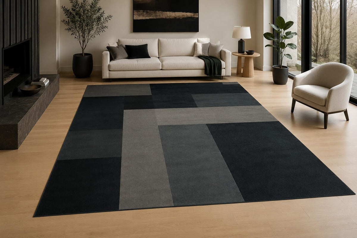 ICE ARMOR "Ultra Light Weight Large 6'7" x 9'10" Modern Geometric Block Area Rug, Soft Low Pile Indoor Rug with Non-Slip Silicone Backing for Living Room, Black Gray