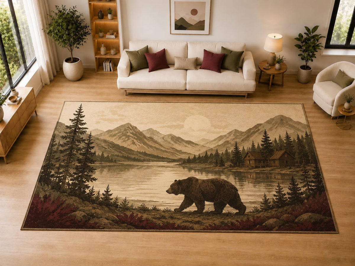 ICE ARMOR "Ultra Light Weight Large 6'7" x 9'10" Bear Lake, Living Room, Bedroom, Dining Room, Office, Family Room, Soft Low Pile Indoor Rug, Non-Slip Silicone Backing, Brown