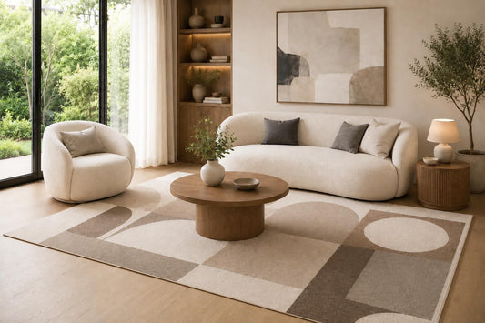 ICE ARMOR 6'7" x 9'10" Beige, Taupe and Brown Modern Arch Blocks Area Rug for Living Room, Soft Low Pile Carpet with Non-Slip Backing for Bedroom, Dining Room and Home Office