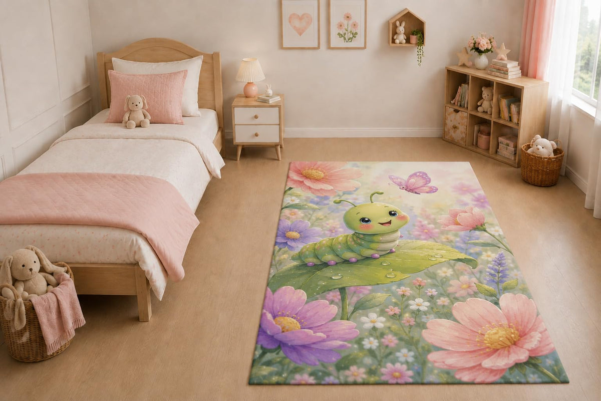 ICE ARMOR "Ultra Light Weight 5' x 7' Caterpillar Garden Area Rug for Living Room, Bedroom and Home Office, Soft Low Pile Carpet with Non-Slip Silicone Backing, Green and Pink
