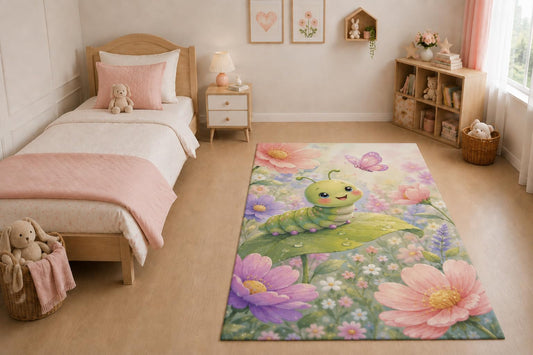 ICE ARMOR "Ultra Light Weight 5' x 7' Caterpillar Garden Area Rug for Living Room, Bedroom and Home Office, Soft Low Pile Carpet with Non-Slip Silicone Backing, Green and Pink