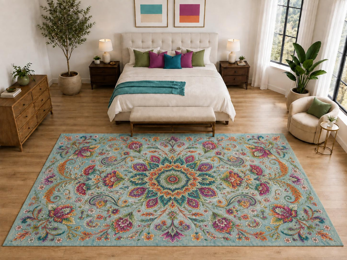 ICE ARMOR "Ultra Light Weight Large 6'7" x 9'10" Boho Floral Medallion Rug, Soft Low Pile Indoor Rug, Non-Slip Silicone Backing for Bedroom Aqua