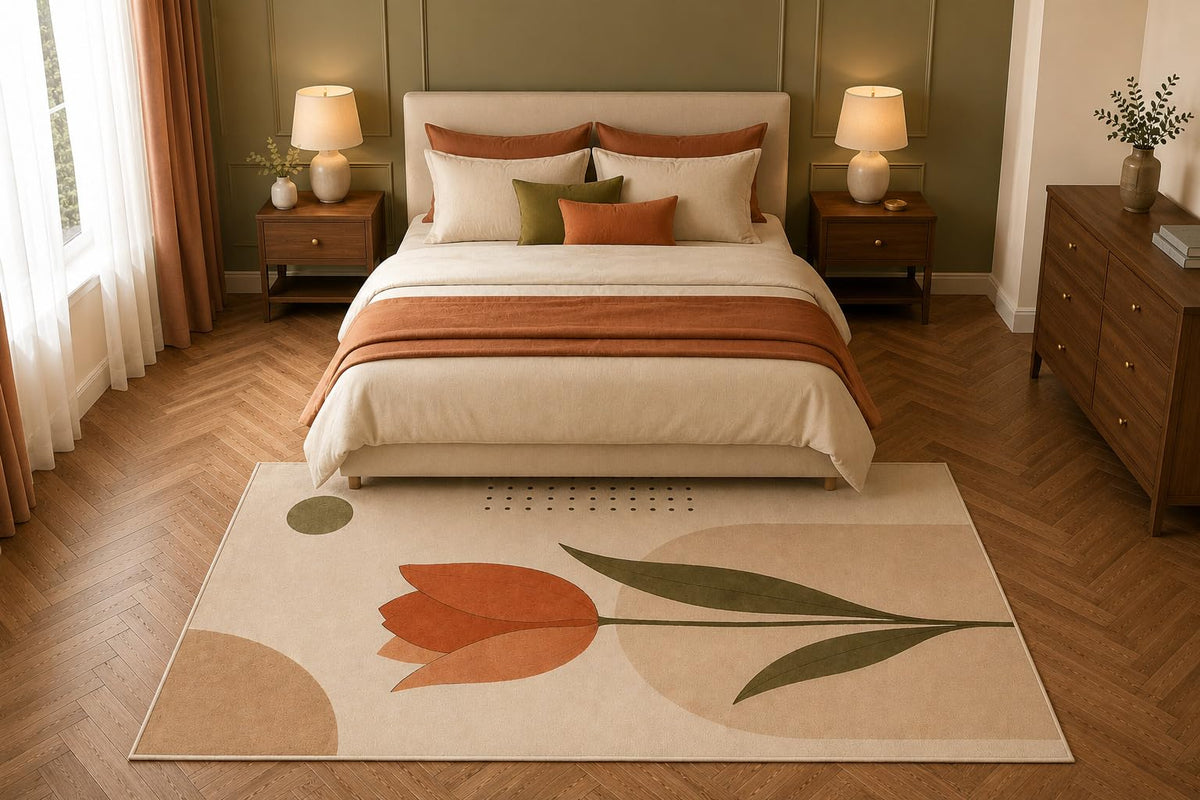 ICE ARMOR 5' x 7' Modern Tulip Floral Area Rug, Scandinavian Botanical Flower Living Room Bedroom Decor, Non-Slip Silicone Backing Low Pile Carpet
