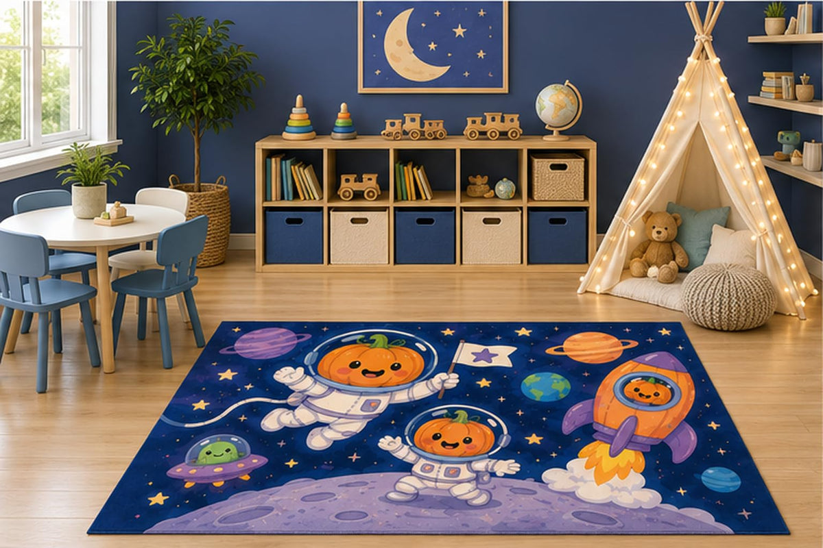 ICE ARMOR 5' x 7' Pumpkin Astronaut Space Kids Area Rug, Cute Galaxy Rocket Moon Cartoon Playroom Nursery Bedroom Classroom Decor, Non-Slip Silicone Backing Low Pile