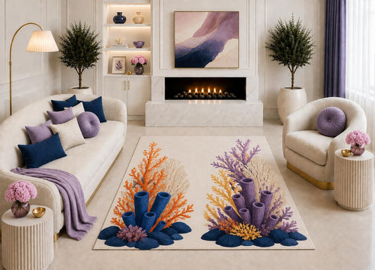 ICE ARMOR "Ultra Light Weight 5' x 7' Ivory Coral Reef Area Rug, Purple Orange Coastal Ocean Botanical Art for Living Room Bedroom Beach House, Non-Slip Silicone Backing Low Pile
