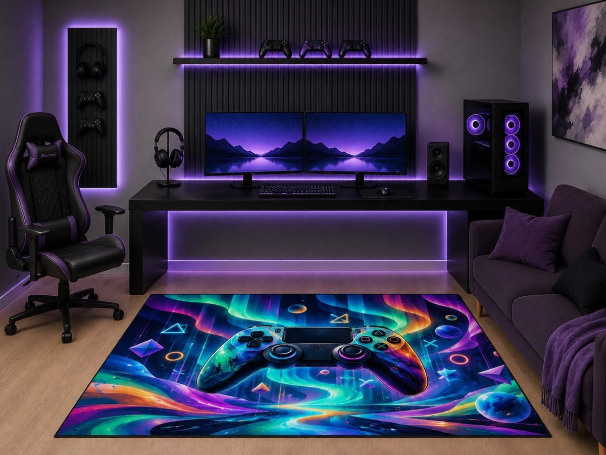 ICE ARMOR 5' x 7' Neon Gaming Controller Area Rug Aurora Galaxy Video Game Art Gamer Bedroom Game Room Office Decor Non-Slip Silicone Backing Low Pile
