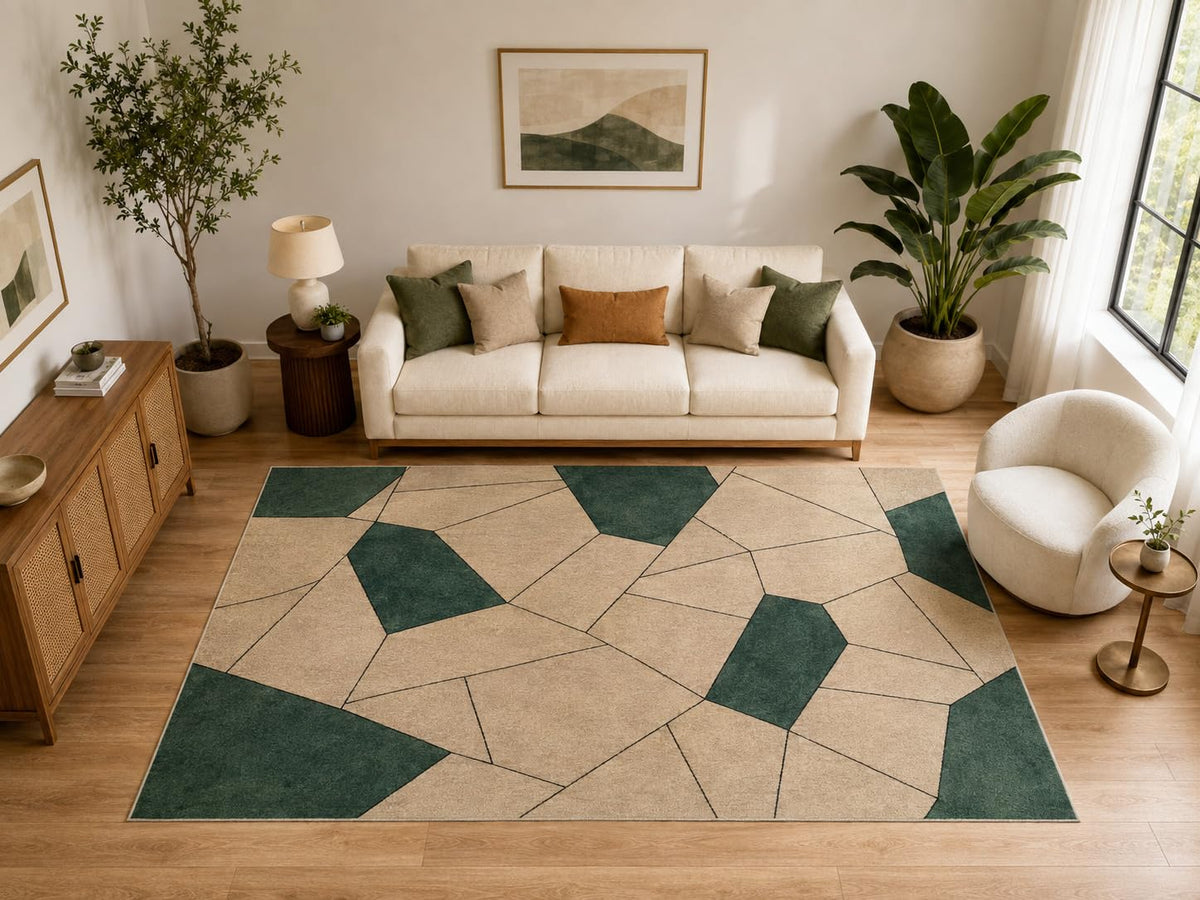 ICE ARMOR Large 6'7" x 9'10" Geometric Mosaic Stone Area Rug for for Bedroom, Living Room, Soft Low Pile Indoor Rug with Non-Slip Silicone Backing, Beige Forest Green