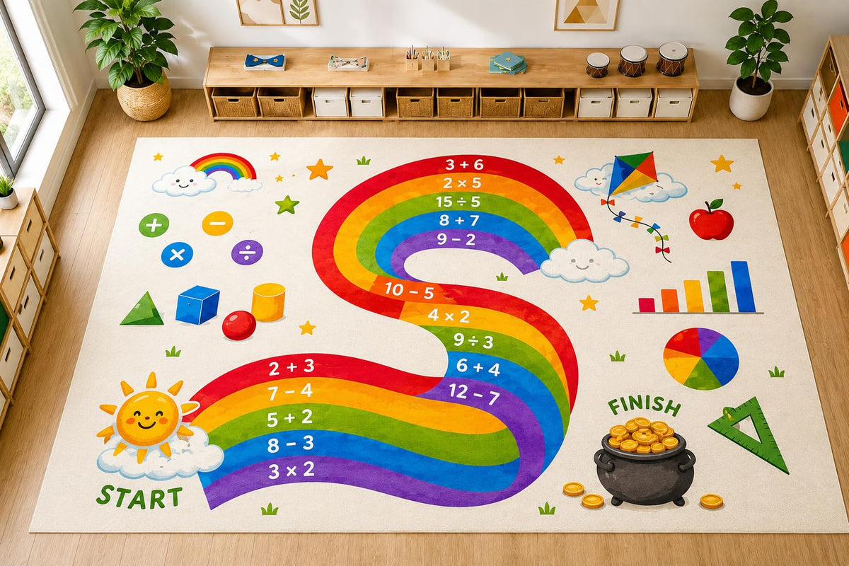 ICE ARMOR Large 6'7" x 9'10" Rainbow Math Learning Area Rug, Soft Low Pile Indoor Rug with Non-Slip Silicone Backing for Kids Room Playroom, Ivory