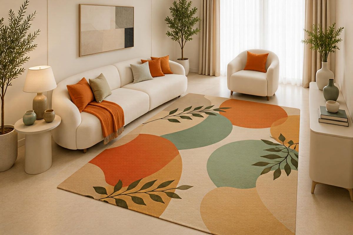 ICE ARMOR 5' x 7' Mid Century Modern Area Rug, Orange Sage Green Abstract Geometric Botanical Design for Living Room Bedroom, Non-Slip Silicone Backing, Low Pile Carpet