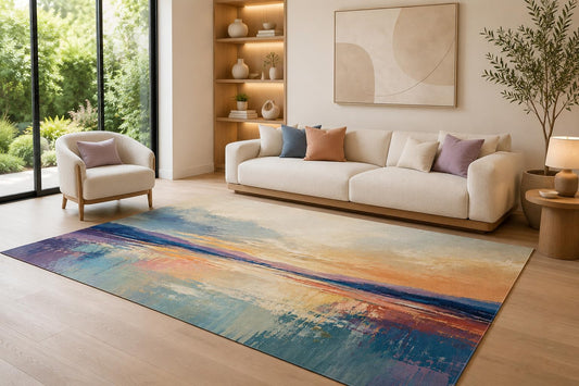 ICE Armor 6'7" x 9'10" Pastel Sunset Horizon Area Rug for Living Room, Soft Low Pile Indoor Carpet with Non-Slip Silicone Backing, Floor Accent for Bedroom, Dining Area and Home Office, Multicolored