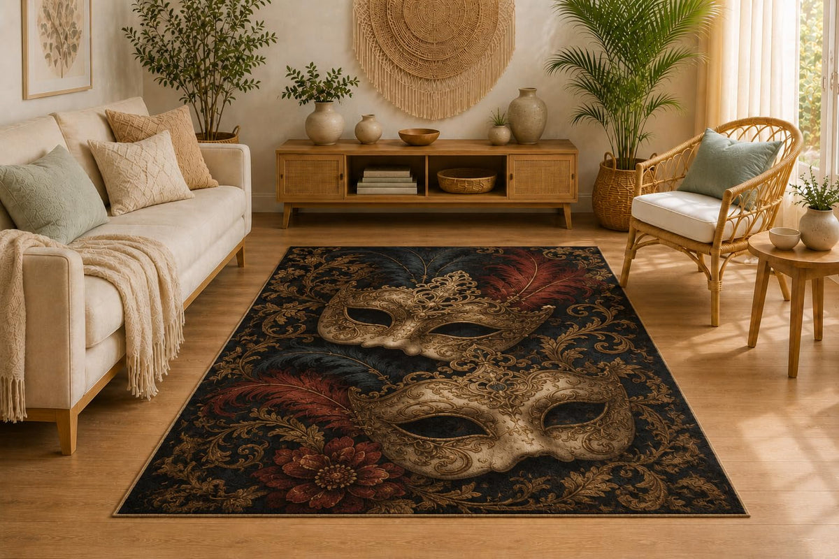 ICE ARMOR 5' x 7' Venetian Carnival Mask Area Rug, Baroque Floral Design, Soft Low Pile Rug with Non-Slip Silicone Backing for Living Room, Bedroom, Office