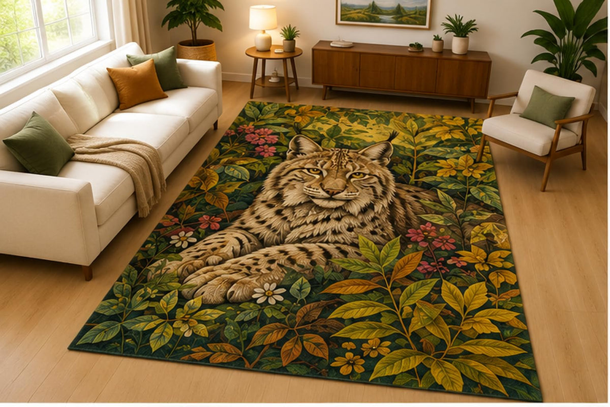 ICE ARMOR 5' x 7' Lynx Floral Forest Area Rug Soft Low Pile Indoor Rug with Non Slip Silicone Backing Wild Cat Nature Decor Carpet for Living Room Bedroom Office Family Room Green