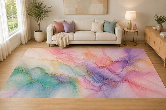 ICE ARMOR "Ultra Lightweight Large 6'7" x 9'10" Pastel Marble Flow Area Rug for Living Room, Bedroom and Home Office, Soft Low Pile Carpet with Non-Slip Silicone Backing, Pink and Purple