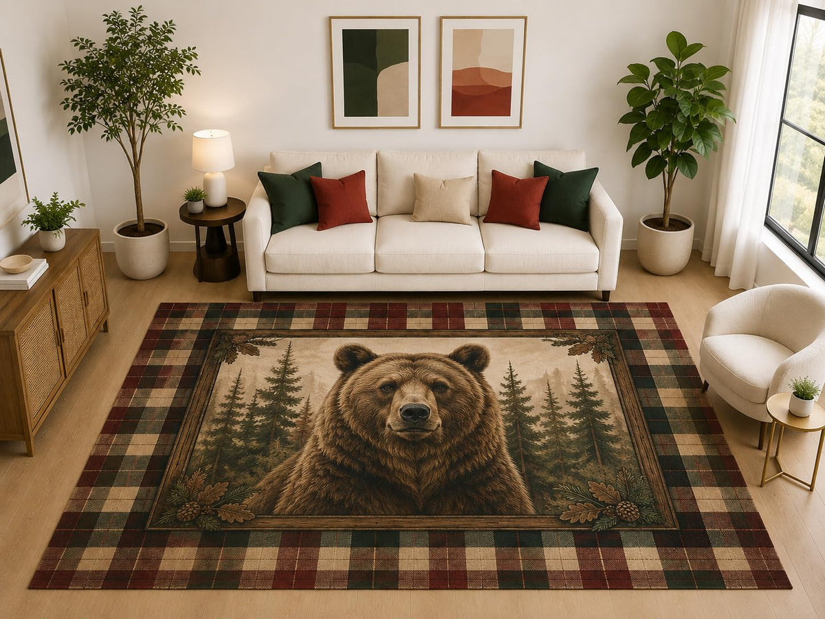 ICE ARMOR "Ultra Light Weight Large 6'7" x 9'10" Plaid Bear Forest Rug, Soft Low Pile Indoor Rug and Non-Slip Silicone Backing, Living Room, Brown