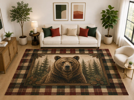 ICE ARMOR "Ultra Light Weight Large 6'7" x 9'10" Plaid Bear Forest Rug, Soft Low Pile Indoor Rug and Non-Slip Silicone Backing, Living Room, Brown