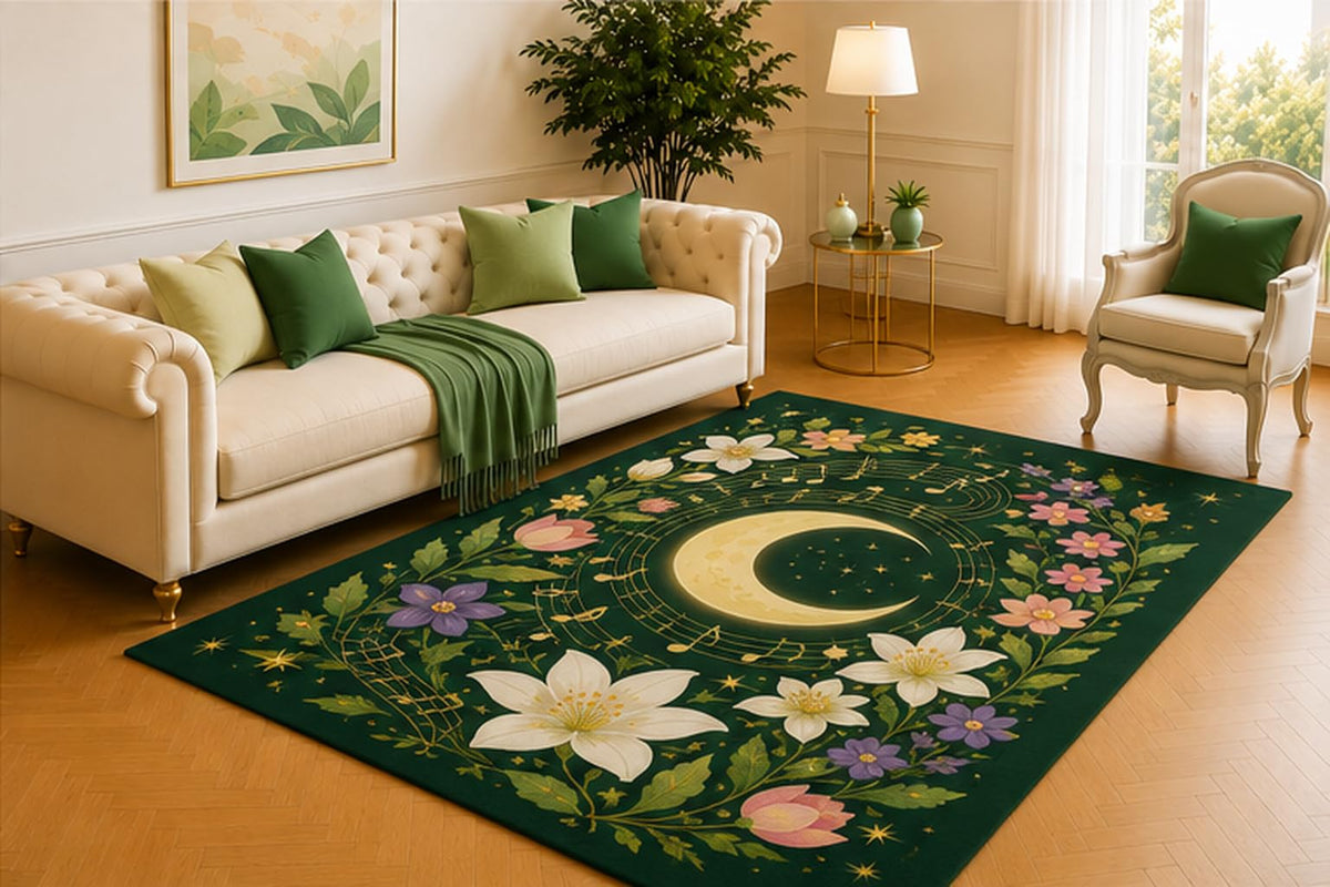 ICE ARMOR 5' x 7' Moonlit Lily Music Rug, Deep Green Crescent Moon with White Blooms and Golden Notes, Romantic Floor Accent for Bedroom, Music Room or Lounge