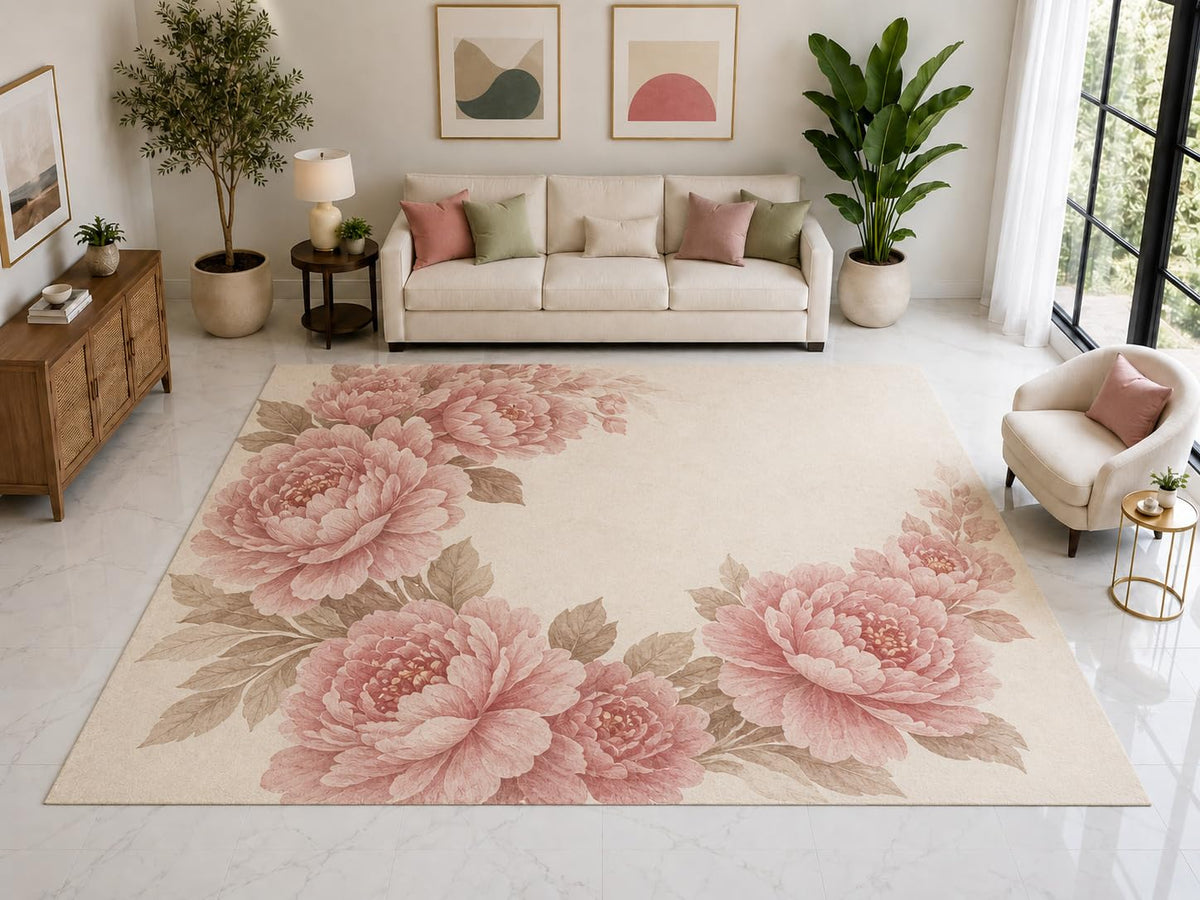 ICE ARMOR "Ultra Light Weight Large 6'7" x 9'10" Pink Peony Corner Rug, Soft Low Pile Indoor Rug, Non-Slip Silicone Backing for Bedroom Pink Cream
