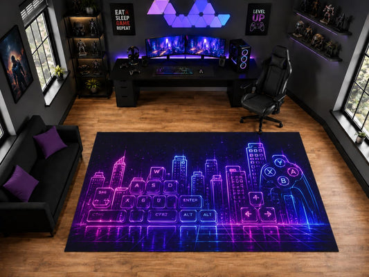 ICE ARMOR "Ultra Light Weight Large 6'7" x 9'10" Neon Keyboard City and Controller Area Rug for Gaming Room Decor, Soft Low Pile Indoor Rug with Non-Slip Silicone Backing, Pink Blue