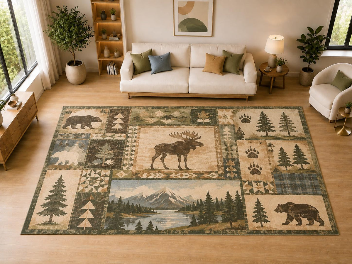 ICE ARMOR "Ultra Light Weight Large 6'7" x 9'10" Bear Moose Forest Cabin Decor, Living Room, Bedroom, Dining Room, Office, Family Room, Soft Low Pile Indoor Rug, Non-Slip Silicone Backing, Green
