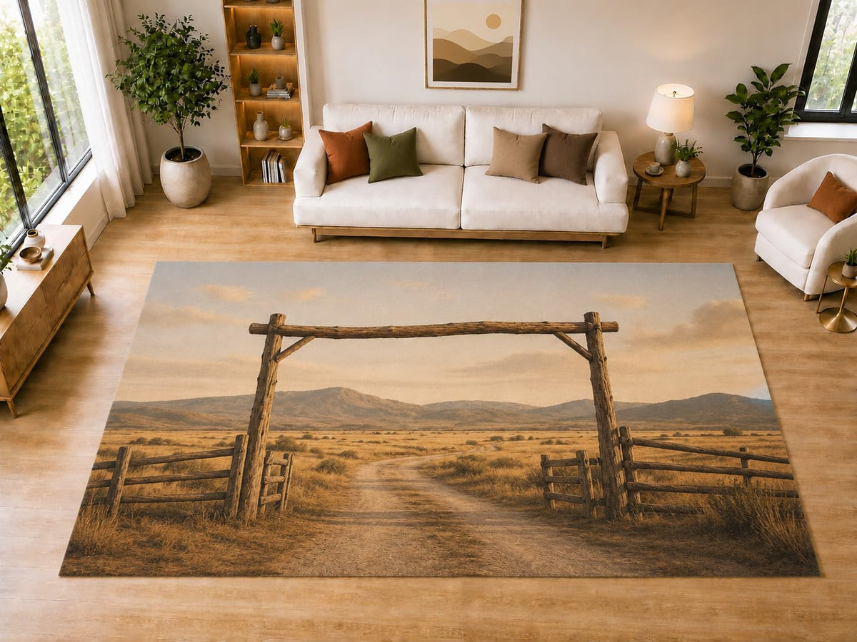 ICE ARMOR "Ultra Light Weight Large 6'7" x 9'10" Western Ranch Gate Prairie Area Rug for Living Room, Bedroom, Dining Room, Soft Low Pile Non-Slip Backing, Brown Tan
