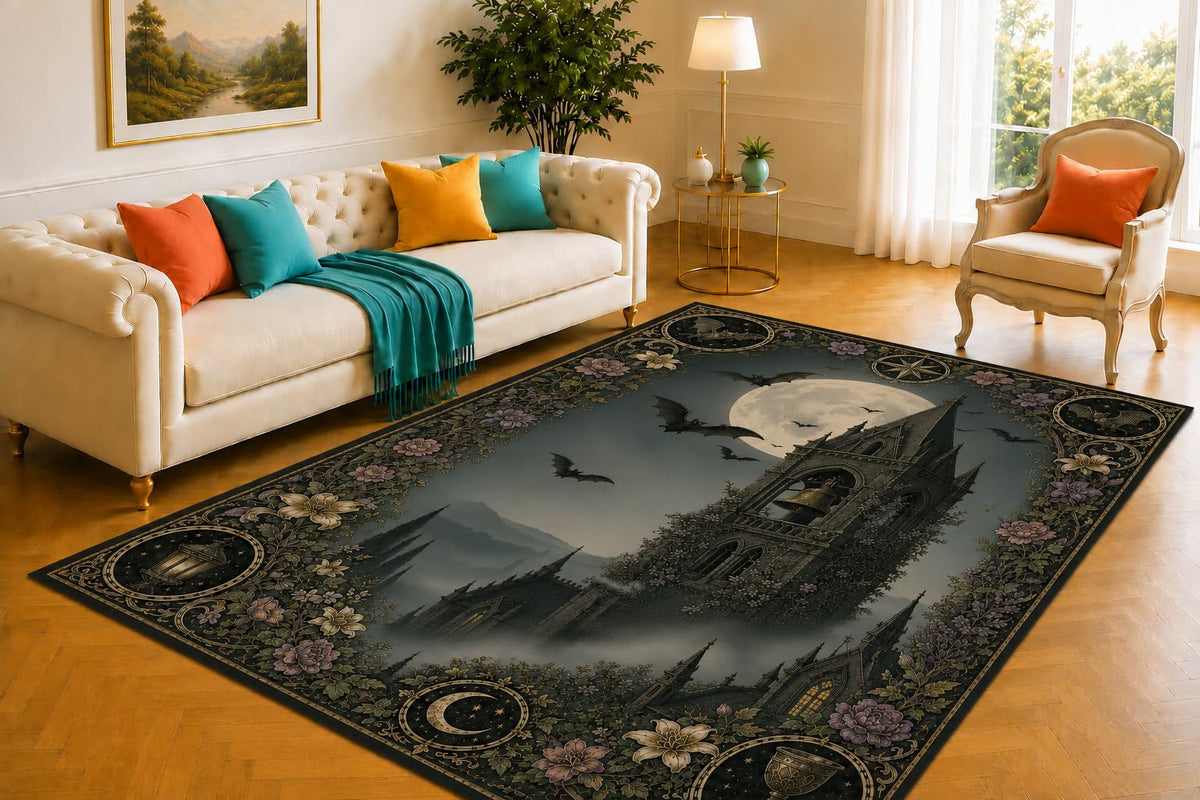 ICE ARMOR 5' x 7' Bell Tower Rug, Bat Moon and Floral Mist Design, Smooth Printed Floor Cover for Study, Hallway, Bedroom and Dark Fantasy Interior Decor