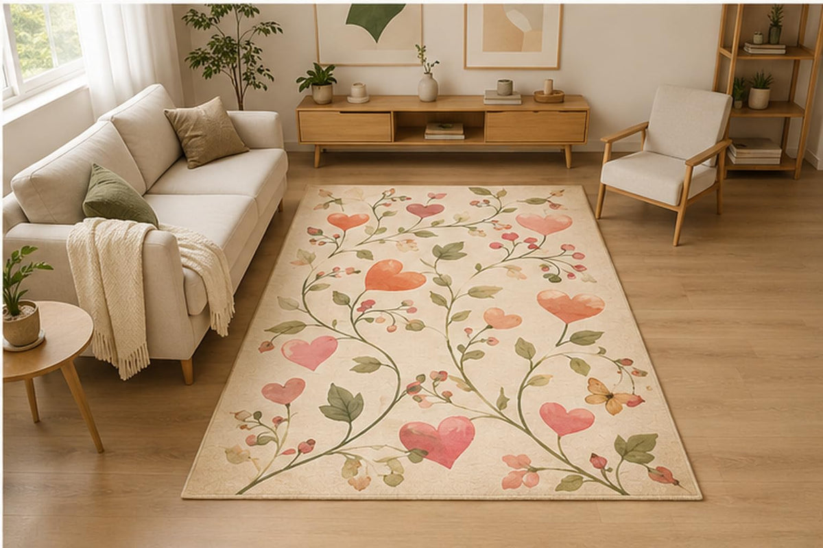 ICE ARMOR 5' x 7' Heart Vine Botanical Area Rug for Living Room, Soft Low Pile Indoor Rug with Non-Slip Silicone Backing, Decorative Carpet for Bedroom, Nursery, Playroom, Kids & Pets, Cream Pink
