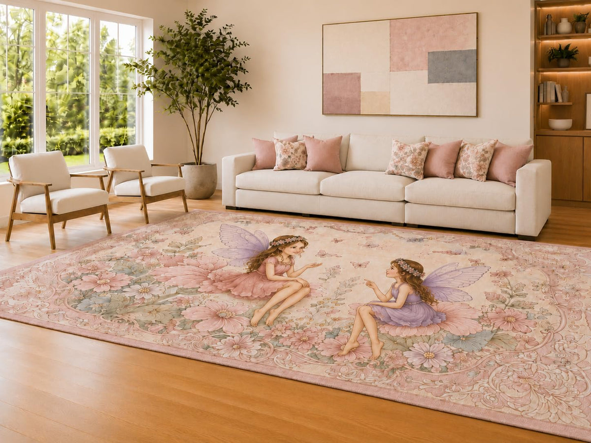 ICE ARMOR Large 6'7" x 9'10" Blush Pink and Lavender Fairy Garden Area Rug for Living Room, Soft Low Pile Carpet with Non-Slip Silicone Backing, Decor for Bedroom and Home Office