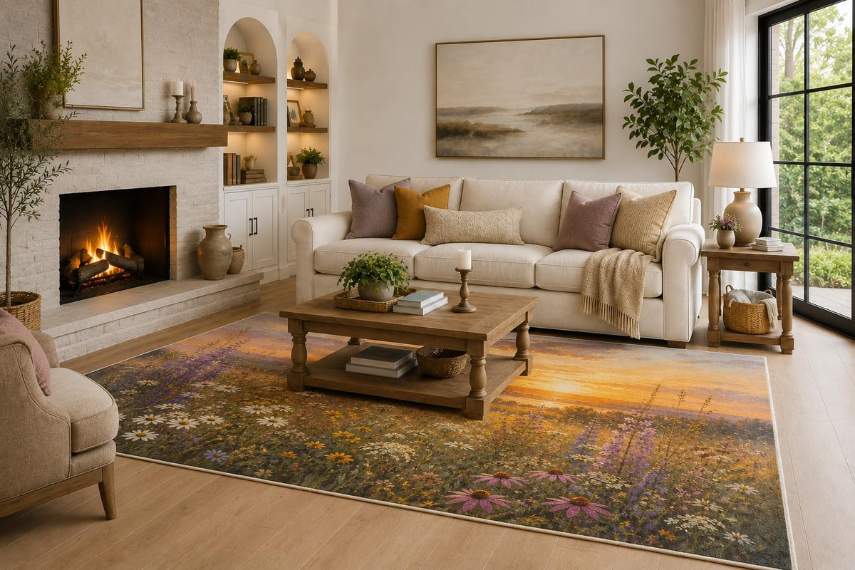 ICE ARMOR 6'7" x 9'10" Amber, Plum and Olive Sunset Wildflower Meadow Area Rug for Living Room, Soft Low Pile Carpet with Non-Slip Backing for Bedroom, Dining Room and Home Office