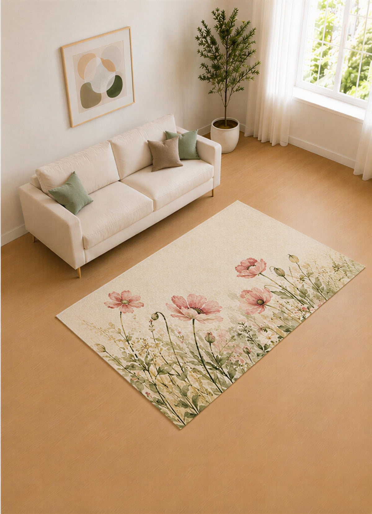 ICE ARMOR 5' x 7' Blush Pink and Sage Poppy Garden Area Rug for Living Room, Soft Low Pile Carpet with Non-Slip Silicone Backing, Decor for Bedroom and Home Office
