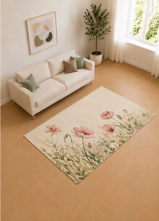 ICE ARMOR 5' x 7' Blush Pink and Sage Poppy Garden Area Rug for Living Room, Soft Low Pile Carpet with Non-Slip Silicone Backing, Decor for Bedroom and Home Office