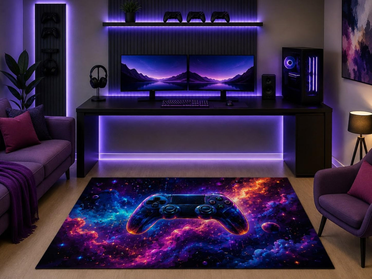 ICE ARMOR 5' x 7' Galaxy Nebula Gaming Controller Area Rug Cosmic Space Art Gamer Bedroom Game Room Teen Room Modern Decor Non-Slip Silicone Backing Low Pile