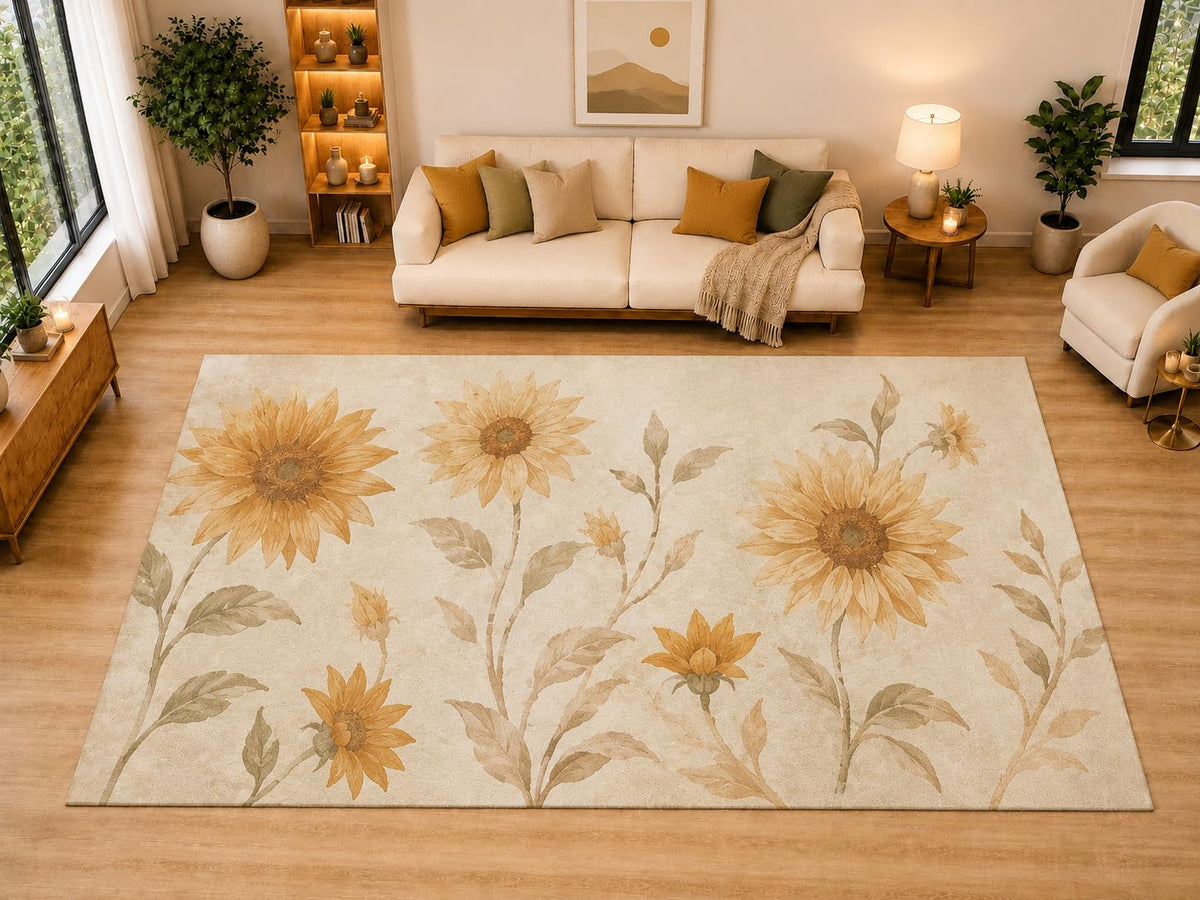 ICE ARMOR "Ultra Light Weight Large 6'7" x 9'10" Sunflower Stem Sketch Area Rug for Living Room, Bedroom, Dining Room, Soft Low Pile Non-Slip Backing, Mustard Cream