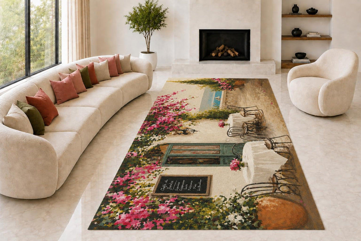 ICE ARMOR "Ultra Lightweight Large 6'7" x 9'10" Blossom Bistro Patio Area Rug for Living Room, Bedroom and Home Office, Soft Low Pile Carpet with Non-Slip Silicone Backing, Rose and Cream