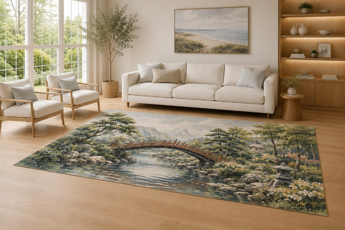 ICE ARMOR Large 6'7" x 9'10" Blue and Sage Japanese Bridge Area Rug for Living Room, Soft Low Pile Carpet with Non-Slip Silicone Backing, Decor for Bedroom and Home Office
