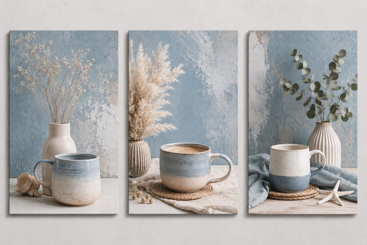 ICE ARMOR Large Set of 3 Coastal Coffee Kitchen Wall Art, Blue Ceramic Mug Botanical Canvas Prints for Dining Room Cafe Decor 16x24 Inch Frameless Canvas Print - Ready to hang