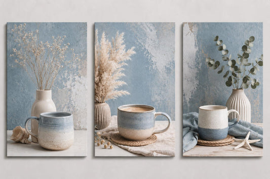 ICE ARMOR Large Set of 3 Coastal Coffee Kitchen Wall Art, Blue Ceramic Mug Botanical Canvas Prints for Dining Room Cafe Decor 16x24 Inch Frameless Canvas Print - Ready to hang