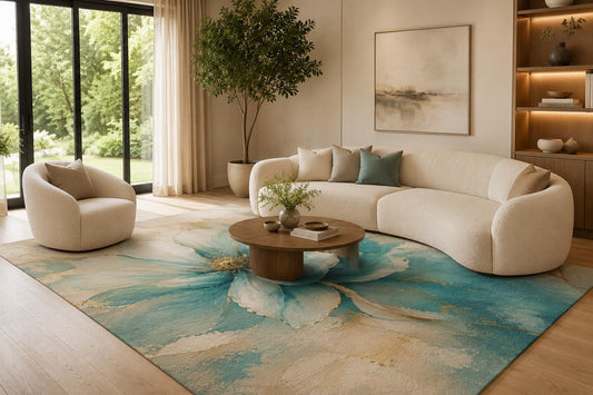 ICE ARMOR 6'7" x 9'10" Teal and Cream Watercolor Floral Area Rug for Living Room, Soft Low Pile Carpet with Non-Slip Silicone Backing, Floor Decor for Bedroom, Dining Area and Home Office